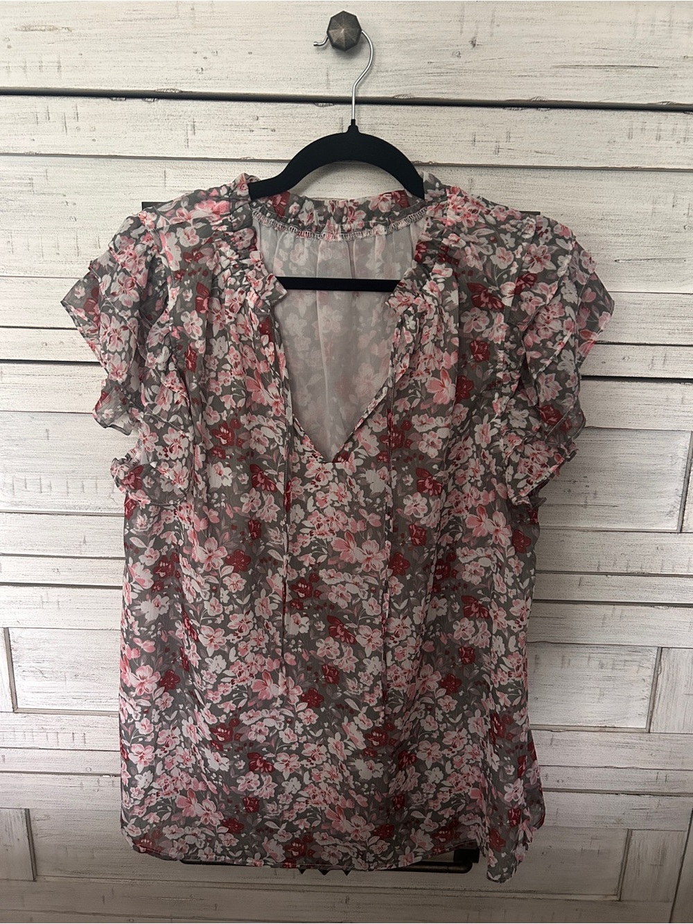 Floral Ruffle Sleeve Blouse - Pink & Gray